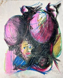 Theodore Berkic Yugoslavia 20th century Abstract modern Oil pastel: Theodore Berkic, (Yugoslavia 20th century) Abstract modern Oil pastel on paper, signed in pencil and dated 1982 lower right, titled "Safe". Unframed. (GB) Measurements: Approx. 17 x 14 inches Conditio