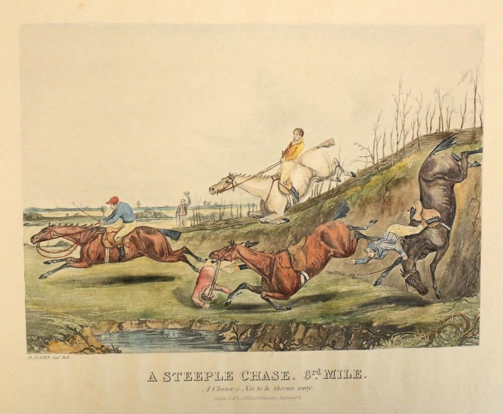 Henry Thomas Alken (English 1785-1851) Hand Colored Etching on wove paper: Henry Thomas Alken (English 1785-1851) Hand Colored Etching on wove paper, A Steeple Chase. 3rd Mile. Unframed. Marked "H. Alken Jun Delt." and "A Chance!! Not to be thrown away.". published by Lewis