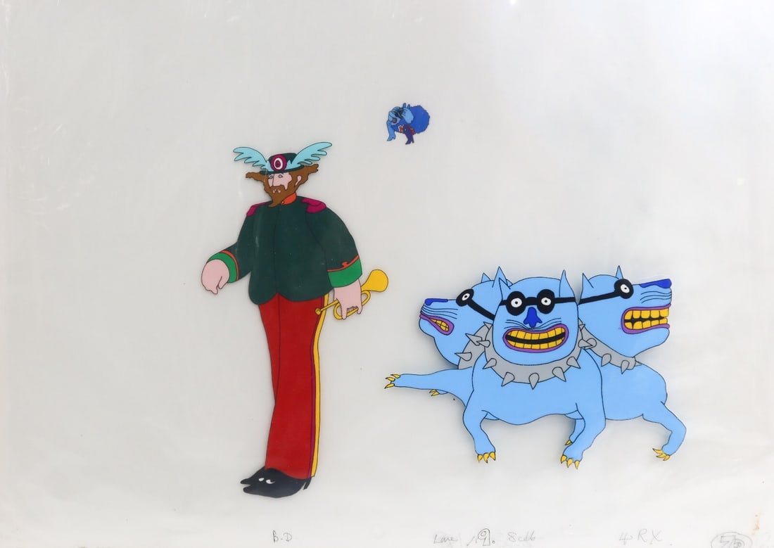 Animation Cel The Beatles Yellow Submarine Ringo Starr Four Headed Bulldog 1968: Hand painted animation cel The Beatles Yellow Submarine Ringo Starr and Four Headed Bullodg 1968. The cel depicts Ringo Starr holding a trumpet and Four Headed Bulldog with a small Max Blue Meanie in
