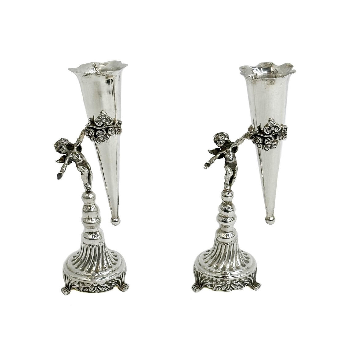 Pair Ilaria 925 Silver Bud Vases Figural Cherubs 1st half 20th cen (1 of 6)