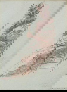 Jules Cheret  (French, 1836-1932)  Crayon Drawing on Paper, Elégante Assise: Chéret, Jules (French, 1836-1932) French Crayon Drawing on paper, Elégante assise, Burned sanguine on light blue toned paper. Signed and captioned lower right. Framed and matted in a cloth mat and c