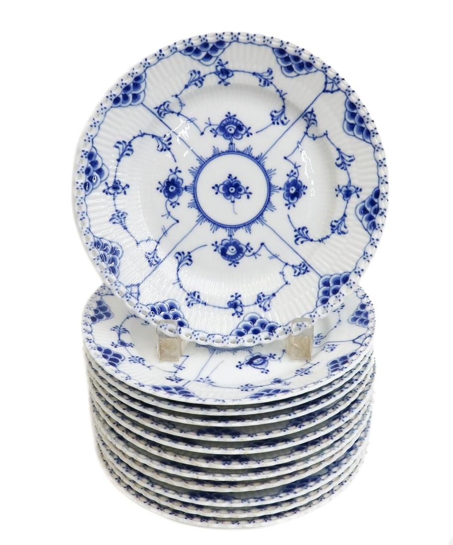 12 Royal Copenhagen Porcelain Salad Dessert Plates Blue Fluted Full Lace #1086: 12 Royal Copenhagen Denmark porcelain dessert or salad plates in blue fluted full lace #1086, Mid Century. Fluted porcelain with a delicate blue floral design. Full lace border to the rim. Underside w