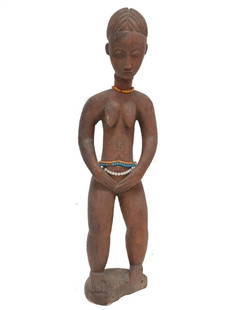 African Carved Wood Female Figure: African Carved Wood BAULA Hemba Female standing figure, Tall, elegant carving, with scarafication, glass bead ornaments.4.25lbs Measurements: Approx. 23.25" height x 6.5" x 4". Condition: Condition co