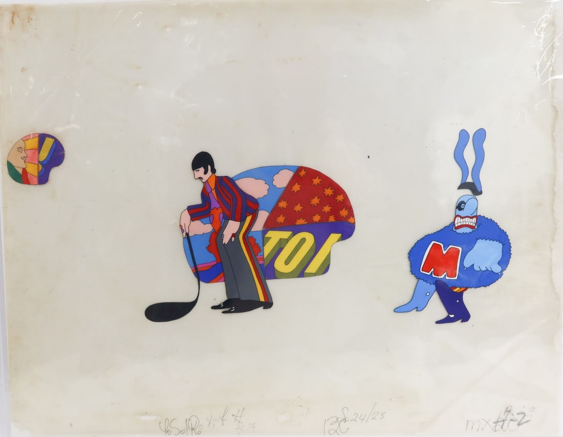 Animation Cel The Beatles Yellow Submarine Ringo Starr Max Blue Meanie 1968: Hand painted animation cel The Beatles Yellow Submarine Ringo Starr and Max Blue Meanie 1968. The cel depicts Ringo Starr and Max Blue Meanie from the movie, "Yellow Submarine". Pen inscriptions to lo