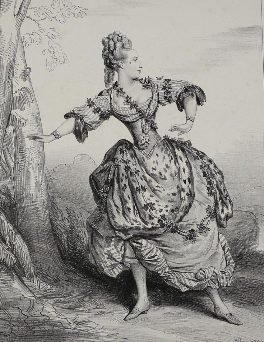 Achille Deveria (French 1800-1857) Lithograph Costume de Nymphe a L'Opera: Deveria, Achille (French 1800-1857) Black and White Lithograph on wove paper, 'Costume de Nymphe a L'Opera du Temps de Louis XV'. Signed 'A Deveria' in stone on lower right. 'GL' stamp on lower right.