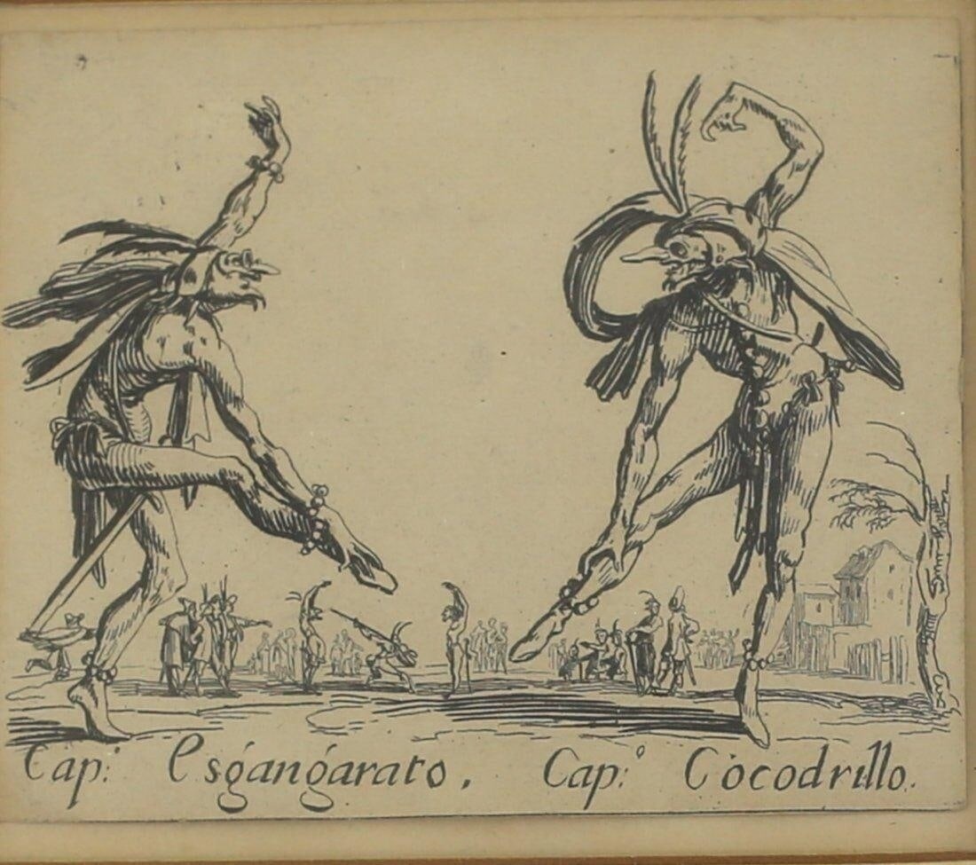 Jacques Callot French 1592-1635 Etching Balli di Sfessani c1622: Callot, Jacques (French 1592-1635) Cap. Esgangarato and Cap. Cocodrillo, from the series 'Balli di Sfessania' (Dances of Sfessania) Etching on paper; c.1622, Nancy, France. Weight: Approx. 0.5lbs (BF3