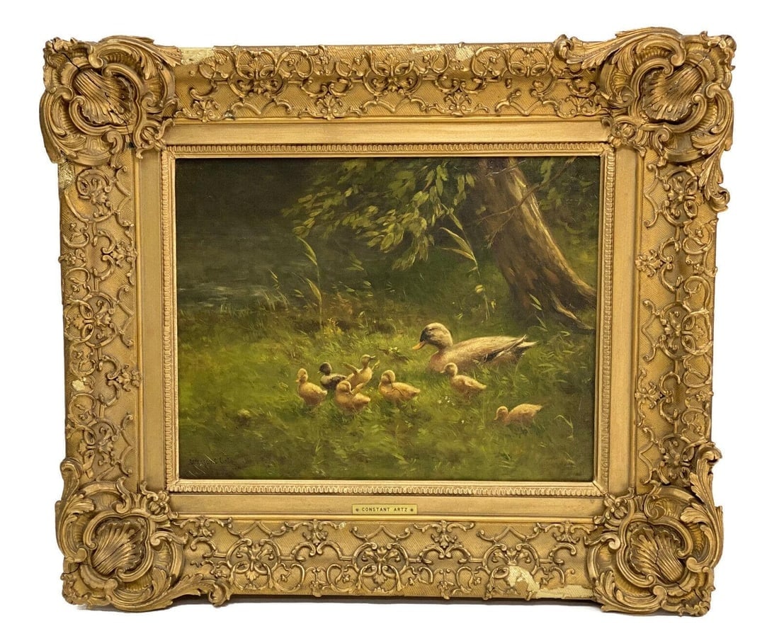 Constant Artz (Dutch, 1870-1951) Oil on Canvas Painting, Duck with Ducklings: Constant Artz (Dutch, 1870-1951) oil on canvas painting. The painting depicts a mother duck with her 7 ducklings walking in a grassy landscape. Artist signed to the lower left. In a period era hand ca