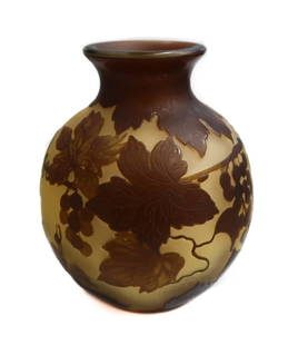 Emile Galle France Cameo Acid Etched Yellow and Brown Glass Vase Signed c1900: Emile Galle France cameo acid etched yellow and brown round glass vase, circa 1900. A peach/yellow ground with acid etched brown grapevines to exterior. Marked "Galle" towards base. Weight: Approx. 1.