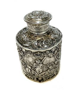 Spanish 915 Silver Tea Caddy Repousse Scenes c1830: Spanish 915 Silver Cylinder Silver Tea Caddy with Magnificent repousse / hand chased scenes, c1830. Scenes are of children lounging by the sea. The top is removeable engravings and repousse. The top i