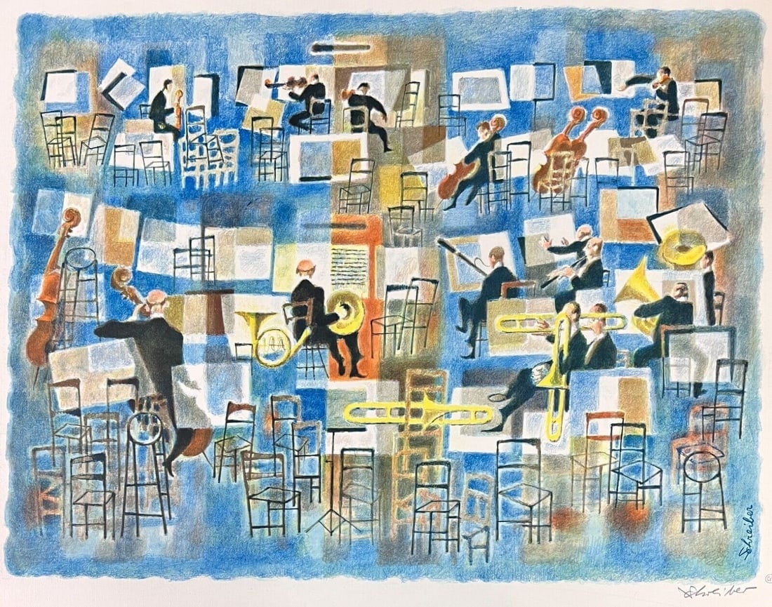 Georges Schreiber Lithograph in colors Musical Interlude c1958: Georges Schreiber (Belgian American 1904 -1977) Lithograph in colors, title "Musical Interlude", signed in plate and in pencil lower right. George Longstreet collector's stamp lower right. This image