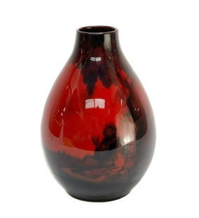 Royal Doulton England Porcelain Noke Sung Ware Flambe Vase, circa 1930: Royal Doulton England Porcelain Sung Ware Flambe vase, circa 1930. Vibrant red ground with a landscape scene and a Moorish man sitting under a tree holding a cup. Possible artists signature to side wi