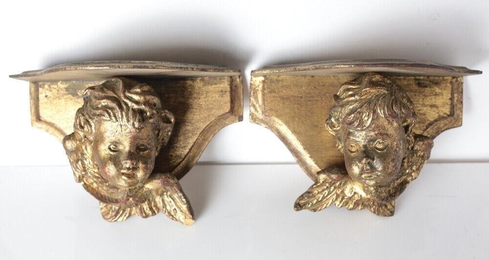 Pair of Italian Carved Gilt Wood Angel / Cherub Figural wall Shelves / Bracket (1 of 7)