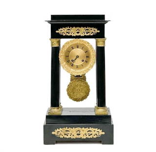 French Gilt Bronze Mounted & Black Wood Portico Mantel Clock 1st half 20th cen: French Gilt Bronze Mounted Wood Mantel Clock, 1st half 20th century. Ornate gilt bronze wreath decoration, ornately decorated pendulum. Back of clock FC AL & J Weight: Approx. 7 lbs Measurements: Appr