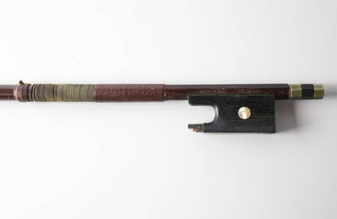 Weichold Violin Bow: Weichold Violin Bow, nickle mounted, stamped "R. Weichold Dresden Germany" with mother of pearl inlay. C1900. 29 1/16 in. length Domestic Shipping: $70