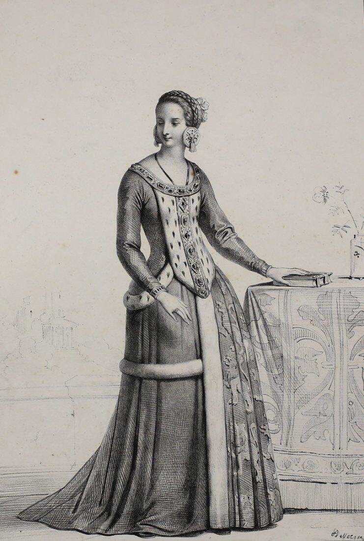 Achille Deveria (French 1800-1857) Lithograph Dame de la Cour de Louis XI: Deveria, Achille (French 1800-1857) Black and White Lithograph on wove paper, 'Dame de la Cour de Louis XI'. Plate 45. Signed 'A Deveria' in stone on lower right. 'GL' stamp on lower right. No printin
