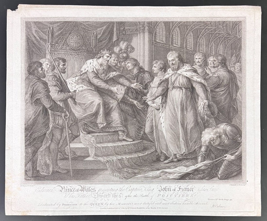 Francesco Bartolozzi Etching Edward Prince of Wales presenting the Captive King: Francesco Bartolozzi (1727-1815), Etching and stippling on paper, captioned, 'Edward Prince of Wales presenting the Captive, King John of France & his Son...after the Battle of Poictiers' ' brown tone
