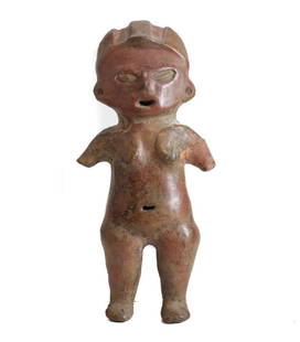 Pre-Columbian TLATILCO Standing Female FIGURE: Pre-Columbian TLATILCO Standing Female FIGURE, red slip, remnants of black slip. Almond eyes, open mouth, with navel. 1lb Measurements: Approx. 7.5" height. Condition: Condition commensurate with age,