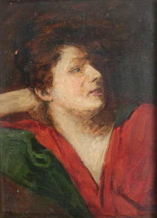 Woman in Red dress oil painting on wood panel, c1800: 19th Century Oil painting on wood panel, Portrait of woman in red dress. Signed lower left indistinct. In gilt wood frame. 1.5lb. Measures Approx., Panel 6 x 7.75 inches; frame 8.75 x 10.75 inches Dom