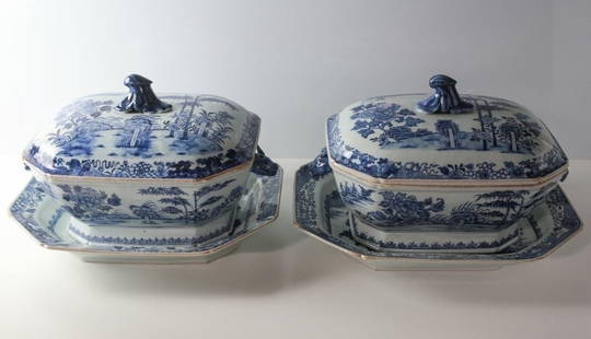 Lg Pair 18-19th Century Blue White Chinese Export Porcelain Covered Tureens Tray: Pair of Large 18-19th Century Blue and White Chinese Export Porcelain Covered Tureens and underplates, unique hand painted bamboo with peony gardenscapes, boar head handles, crest finials, rectangular