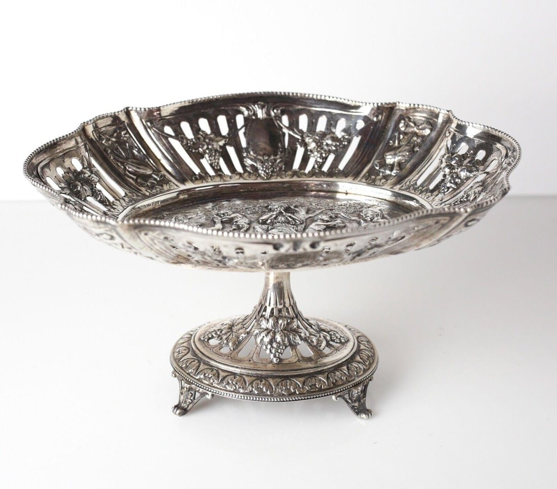 Karl Sohnlein & Sohne Hanau 800 Silver Pierced footed dish Hand Chased Satyrs (1 of 5)