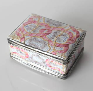 Silver Mounted Enamel on Copper Double Snuff Box: 18th or 19th Century Continental Silver Mounted Enamel on Copper Box, Dual openings. Hand painted designs of ribbon scrolls and screens, raised details with gilt; interior has rose colored landscapes