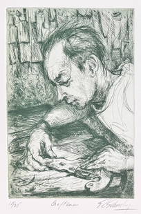 Sheldon C. Schoneberg Print Etching Craftsman Signed Ltd Ed: Sheldon C. Schoneberg (American 1926-2013) Etching on paper, titled 'Craftsman' a polishing some metalwork. Signed in pencil lower right, from a Ltd Ed/25. Blind embossed shell lower right. Unframed.