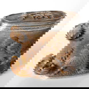 Silver Mounted Carved Horn Snuff Box c18/19th century: 18th or 19th Century Exceptional Continental Silver Mounted Carved Horn Snuff Box, very high relief carvings of men in various drunken activities - wrestling with a goat, hauling urn on the goat, urin