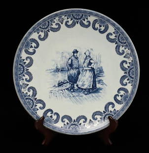 Large Royal Bonn Delft Faience Earthenware Charger 19th century costumed figures: Large Royal Bonn Delft Faience Earthenware Charger, 19th century, vignette features costumed figures by the sea; foliate designs at the rim. Makers mark underglaze and impressed. #1671. 4lbs Measureme