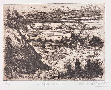 Sheldon C. Schoneberg Print Etching Shipwreck Signed Ltd Ed: Sheldon C. Schoneberg (American 1926-2013) Etching on paper, titled 'Shipwreck', a ship wrecked at sea, signed in pencil lower right, from a Ltd Ed/9. Unframed. (SP) Measurements: Approx. sheet 12 x 1