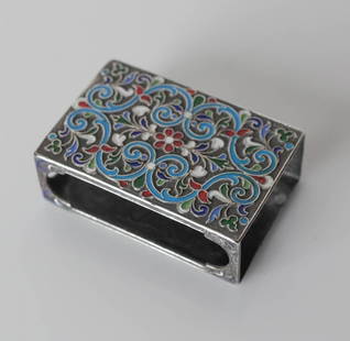 Russian Cloisonne Enamel on Silver Match box case: Russian Cloisonne Enamel on Silver Match box case, floral and scroll design.Yavok Nikolayevich Lyapunov, St. Petersburg 1898-1903. Russian maker mark IX or XI in cyrillic. 43.96grams. Measures Approx.