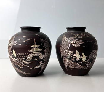 Pair of Asian Korean Lacquer Vases: Pair of Asian Korean Lacquer Vases, Pair of Asian, likely Korean Lacquerware Vases with Mother of Pearl inlay. Approx 2lb 5.5in. height x 4.5in. Diameter Domestic Shipping: $50