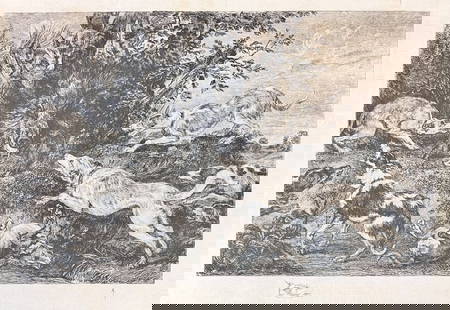 after Frans Snyders etching The Boar Hunt by William Unger: Etching by William Unger, after Frans Snyders (1519-1657) titled, 'The Boar Hunt', landscape with dogs surrounding a wild boar. Print is mounted onto paperboard. Unframed. (FB1) Measurements: Approx.