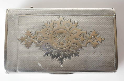 Russian 84 Silver Cigarette Box, with hinged match safe: Large and heavy Russian Silver Cigarette Box, with hinged match safe, textured striker and tinder cord holder; machine engraved texture with decorative medallion, with engraved monogram. Bale for safe