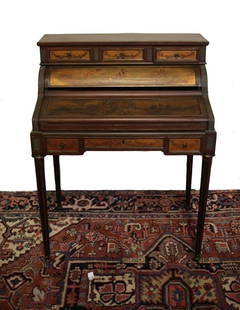 Continental Wood Writing Desk hand painted scenes: Continental Wooden Writing Desk. Gilt and paintings of cherubs and putti and landscape with a romantic scene. Baroque/Roccoco french design to it. Fold down piece with additional drawers and compartme