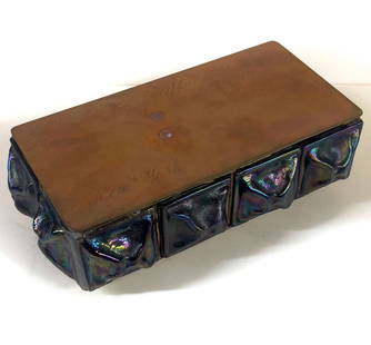 Attributed to Tiffany Studios Bronze Box with turtleback glass tiles: Attributed to Tiffany Studios Bronze Box with turtleback iridescent glass tiles, gilt bronze cedar lined box. Tiles appear to be by Tiffany, the construction possibly later. 5lbs Domestic Shipping: $4