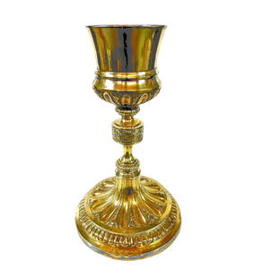 18th Century Spanish Colonial Hispanic Gilt Silver Chalice: 18th Century Spanish Colonial Hispanic Gilt Silver Chalice, broad fluted base with foliate details, floral rondells, and fluted at the base of the cup. Flared mouth. FCDA mark (Antonio Forcada, Assaye