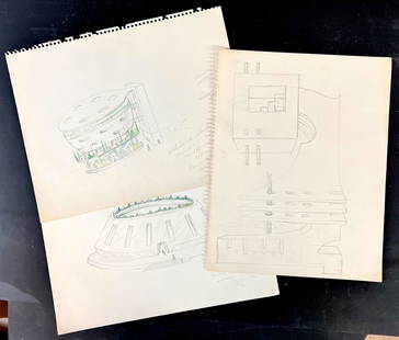 Gilbert Adrian 3 Pencil Sketches architectural concepts: Gilbert Adrian (1903 - 1959) 3 Pencil Sketches on paper, architectural concepts, possibly for film or theater. Signed and titled lower right, one unsigned. Originally acquired in 1990s from Paul Grego