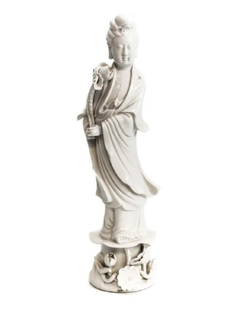Chinese Porcelain Figure of a Guanyin: Chinese White porcelain figurine of Guanyin. Blanc de chine glaze.Part of a large collection from a private seller in Westwood. Measures: 11.75 inches tall Domestic Shipping: $40