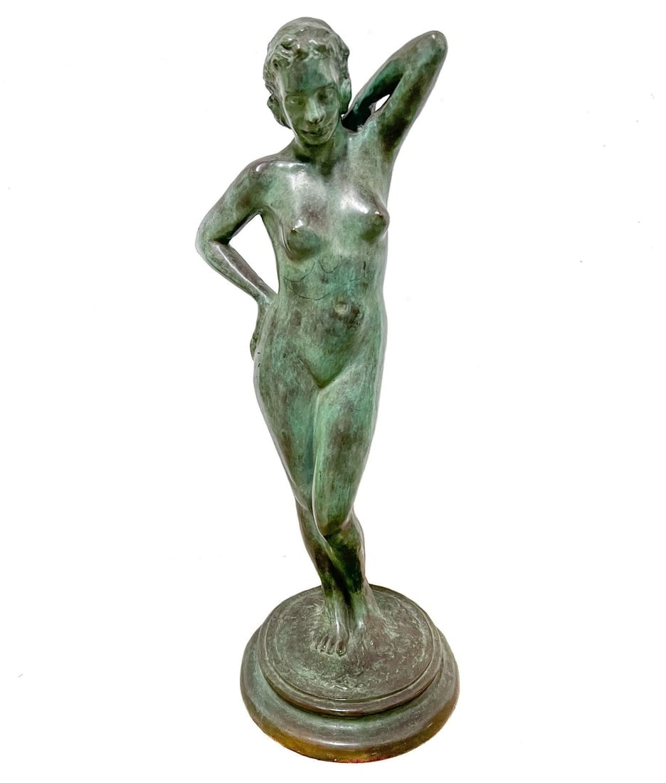 John Marshall Gamble Patinated Bronze Nude Female Figure: John Marshall Gamble (American, 1863-1957) Verte patinated Bronze, nude female, foundry Nelli Art Bronze Works LA. 10.8lb 19.5 inches height x 7 x 7 inches Domestic Shipping: $70