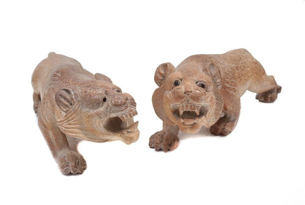 Pair of Asian Large carved wood Tigers, stalking pose: Pair of Large carved wood Tigers, stalking pose, Indonesia, Bali? c1930. 25Lbs Measurements: Approx. 31” length and 27” length Condition: Age related wear, checking fractures to wood. Dome