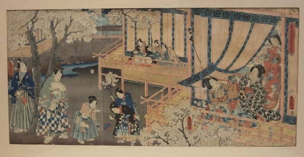Utagawa Kunisada Woodblock Print Ukiyo-e, Azuma Genji Wakana no maki, c1854: Utagawa Kunisada Woodblock Print Ukiyo-e, Azuma Genji Wakana no maki, c1854, three prints framed and matted, signed in plate. 8.5lbs Measurements: Approx. Image area 28" x 13.5"; framed 35.5" x 21.25"