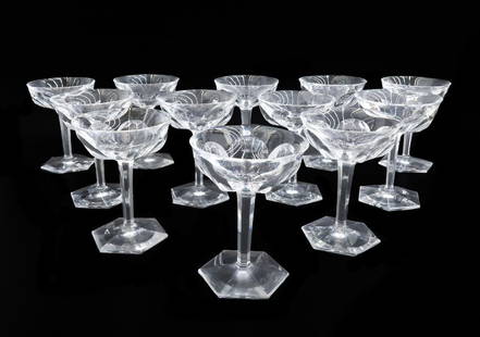 12 Baccarat France Cut Glass Champagne Saucers or Sherbets in Malmaison: 12 Baccarat France cut glass champagne saucers or sherbets in Malmaison. Cut glass thumbprints to exterior of bowl with hexagonal base. Acid etched Baccarat mark to underside. Weight: Approx. 2 lbs Me