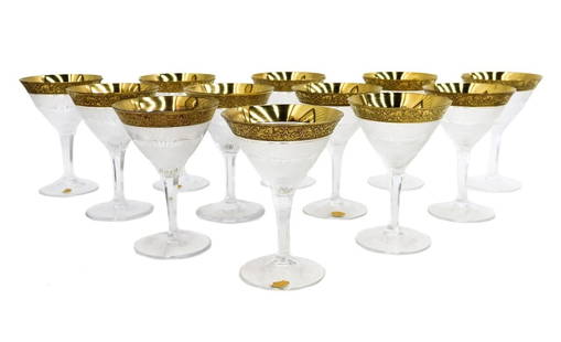 12 Moser Czech Cut Crystal Glass Martini Tall Sherbet Goblets Gold Splendid: 12 Moser Czech blown cut crystal glass martini tall sherbet goblets in Gold Splendid. Gold encrusted foliate leaves to top rim. Frosted engraved crosshatched exterior with horizontal thumbprint circul