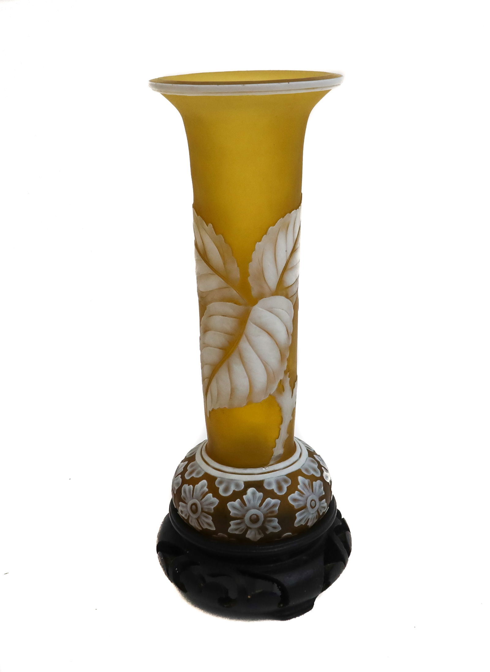 English Cameo Yellow Cameo Art Glass Vase: Attributed to Thomas Webb or Stevens and Williams yellow cameo art glass vase. Yellow ground with acid etched leaves and flowers throughout. Opened bottom, likely missing original base. Glued to to a