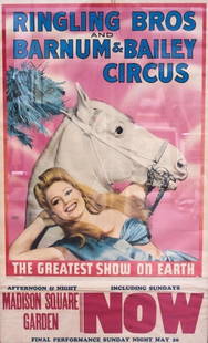 Ringling Brothers and Barnum & Bailey Circus Original Lithograph Poster c1940: Ringling Brothers and Barnum & Bailey Circus Original Lithograph Poster. Photographed by Maxwell Frederic Coplan. Features a beautiful blonde lady with a white stallion. 1940s poster of the Ringling B