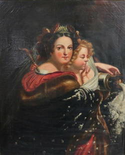 L. Popplein Continental Oil Painting on Canvas, Portait of two women 19th c: L. Popplein, 19th century Continental oil painting on canvas, Portrait of two women. One has a wreath in her hair, dressed in a fur cape, holding an amphora with a frothing liquid spilling from it; th