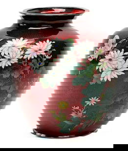 Japanese Cloisonné Enamel Red Vase Flowers Meiji Period: Japanese Cloisonne enamel vase, Meiji period. A red ground with flowers and leaves, cloisonne decoration with florals and a butterfly. Japanese maker's mark to the underside edge. Weight: Approx. 1.5
