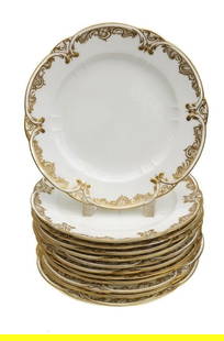 12 Sevres Soft Paste Porcelain Dinner Plates: 12 Sevres Porcelain Dinner Plates, Assiette a Palmes, circa 1775. Gilt foliate scroll and lattice stripes to scalloped rim. Vincennes Sevres mark to underside, 9 with gilders mark for Leopold Weydinge