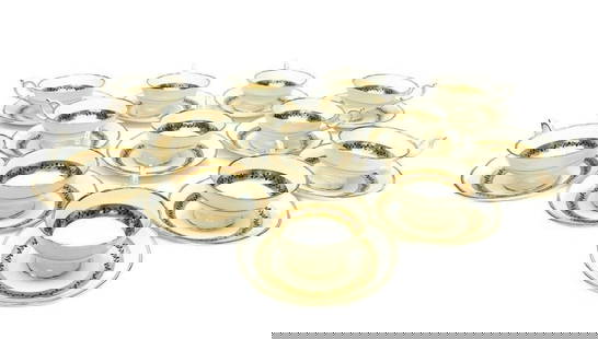 12 Coalport England Cup & Saucers in Citation, circa 1950. Gold Trim: 12 Coalport England cup & saucers in Citation, circa 1950. Gold band trim with black vines. Coalport England mark to the underside. Weight: Approx. 8 lbs Measurements: Approx. Cup: 5 inches x 4 inches