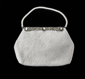 SAKS FIFTH AVENUE Micro Beaded Purse sterling silver Mother of Pearl Cameos: SAKS FIFTH AVENUE c1950 Micro Beaded Purse with sterling silver, crystals and mother of pearl cameo spring closure clasp - Made in France. Beautiful intricate beaded swirls throughout the body of the